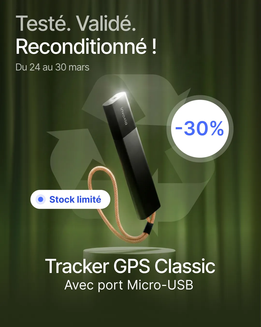 Vente flash : Tracker GPS Classic reconditionné avec port Micro-USB, -30%, stock limité, du 24 au 30 mars