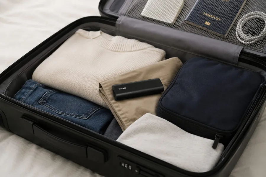 GPS Tracker Pro Max tucked between folded clothes in an open suitcase
