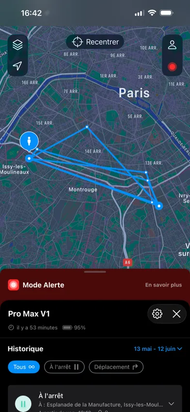 Invoxia app showing a GPS Tracker Pro Max trip history on a map of Paris