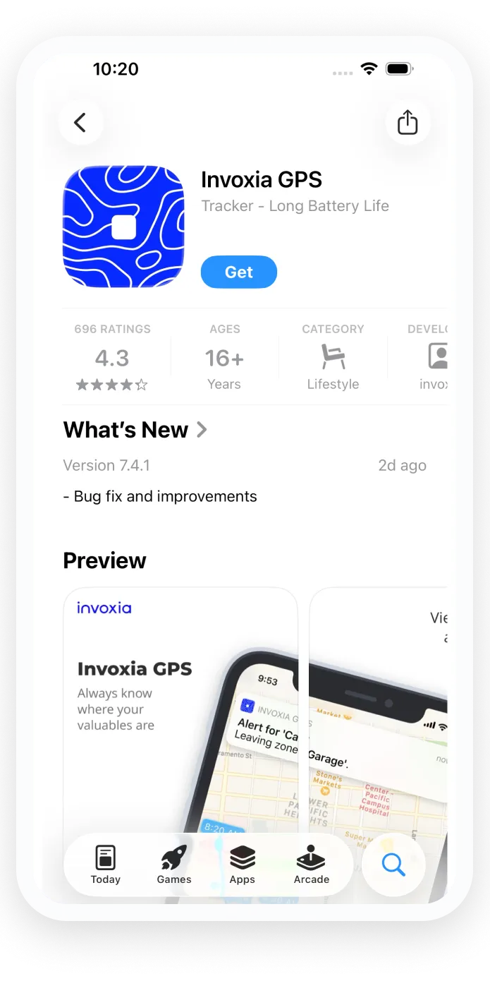 Ein Screenshot der Invoxia GPS-Anwendung im App Store