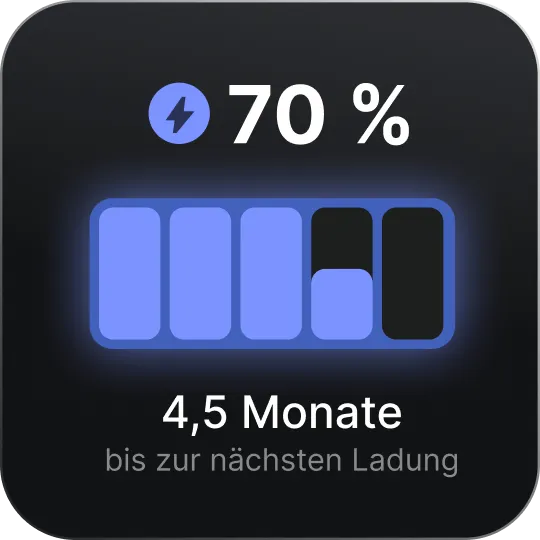 Abbildung einer Batterie mit einem Ladezustand von 70 %. Ein Text weist darauf hin, dass noch 4,5 Monate bis zur nächsten Aufladung verbleiben.