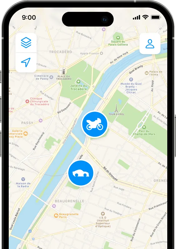 Eine Smartphone-Anwendung zeigt die GPS-Verfolgung eines Motorrads und eines Autos auf einer Karte mit Invoxia-Trackern