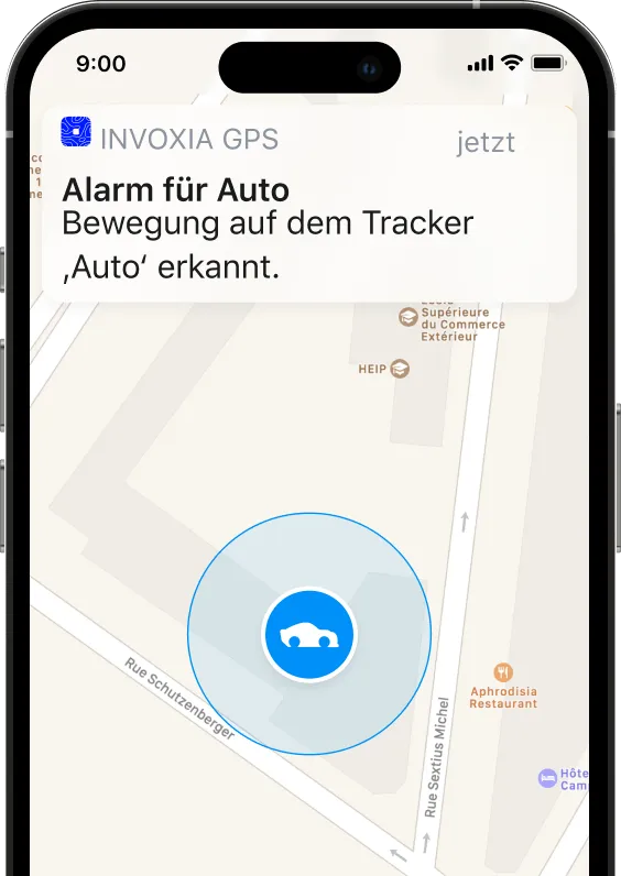 Screenshot eines Alarms für Fahrzeugbewegungen in der Invoxia GPS-App